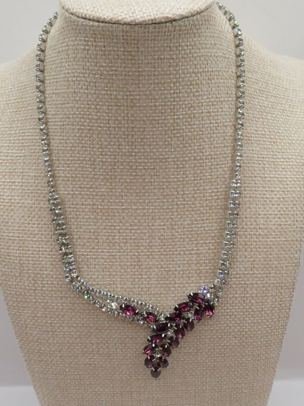 Vintage Purple and Clear Rhinestone Silver Tone Choker Style Necklace